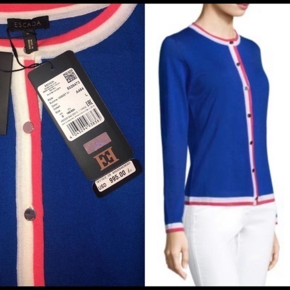 ESCADA SULOMA STRIPE-TRIM CARDIGAN IN COBALT. VIRGIN WOOL. SIZE LARGE.